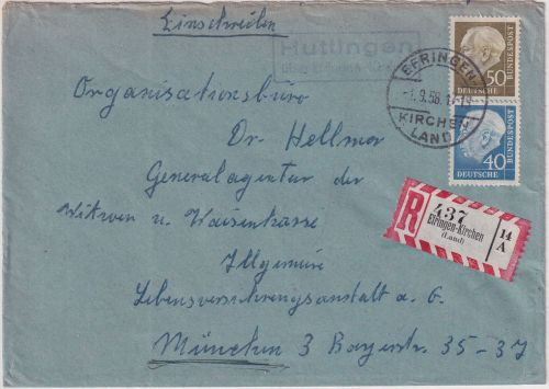BRD - Huttingen ü. Efringen-Kirchen Landpost-Ra2 Einschreibebrief n München 1958