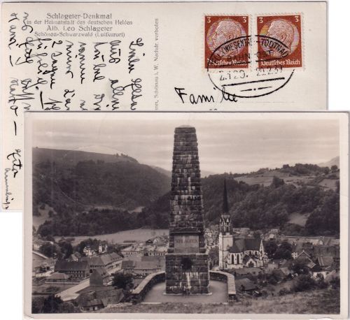 DR - Zell (Wiesental) Todtnau Bahnpost Z. 129 AK/Schlageter-Denkmal Schönau 1937