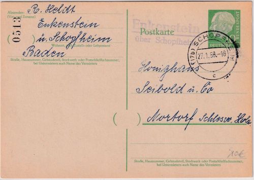 BRD - Enkenheim ü. Schopfheim Landpost-L2 10 Pfg. Ganzsache n. Nortorf 1958