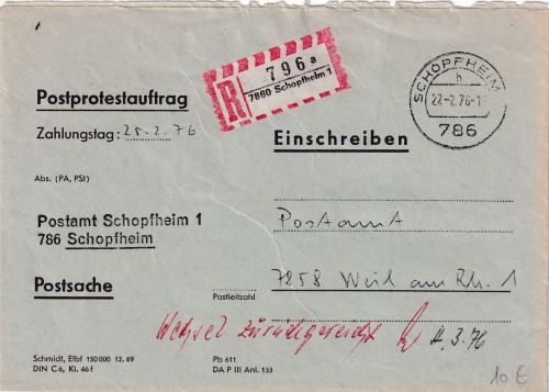 BRD - Schopfheim 1976 Postprotestauftrag/Einschreibebrief ans Postamt Weil