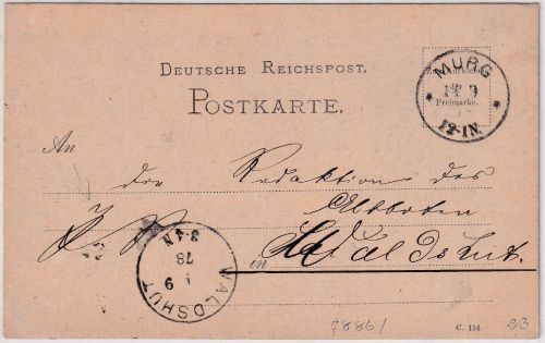 DR - Murg 1878 Postsache/Postkarte n. Waldshut - postgeschichtlicher Text !!