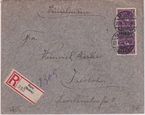 DR-Infla - 2x2 M. Posthorn Einschreibebrief Murg - Iserlohn 1922