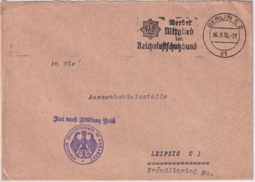 DR - Deutsche Gesandtschaft Bukarest Brief/Frei d. Ablösung n. Leipzig 1935