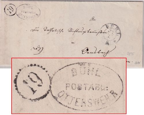 Baden - Bühl Postablage Ottersweier + Uhrrad "12" Dienstbrief n. Önsbach 1865