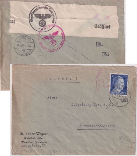 DR - 25 Pfg. AH Zensurbrief i.d. SCHWEIZ Waldshut - Dürrenäsch 1942
