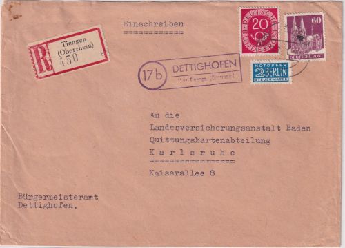 BRD - (17b) Dettighofen ü. Tiengen Landpost-Ra2 Einschreibebrief 1951