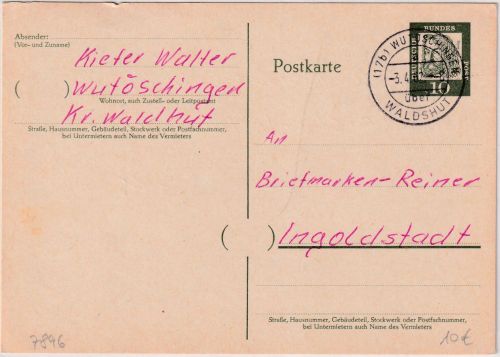 BRD - (17b) Wutöschingen ü. Waldshut Poststelle I 10 Pfg Ganzsache n. Ingolstadt
