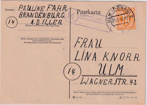 AM-Post - (14) Regglisweiler apt. Landpost-Ra2 Karte Brandenburg a/I Ulm 25.2.46