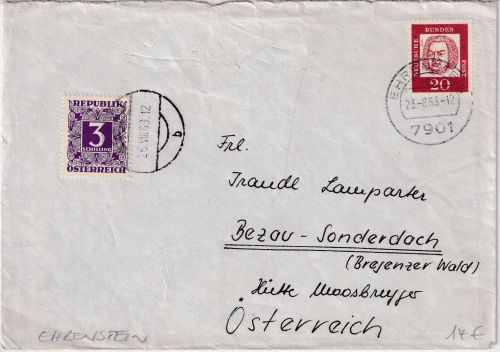 BRD - 20 Pfg. Bach Brief n. ÖSTERREICH Ehrenstein - Bezau 1963 Nachporto