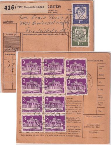 BRD - 10x3 Pfg. Brandenburger Tor u.a. Paketkarte Niederstotzingen 1964