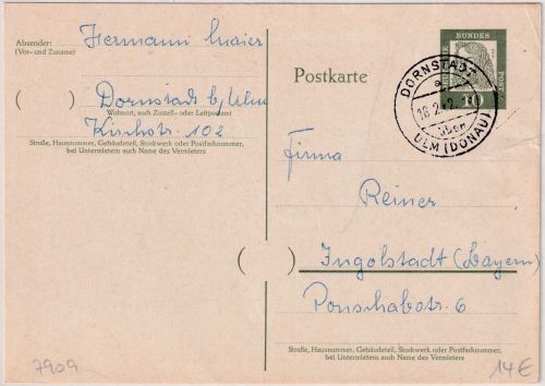 BRD - Dornstadt ü. Ulm Poststelle I Ganzsache n. Ingolstadt 1962