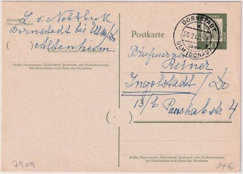 BRD - Dornstadt ü. Ulm Poststelle I Ganzsache n. Ingolstadt 1962