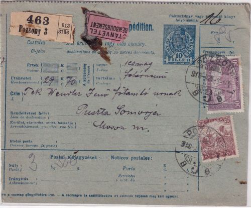 Ungarn/Slowakei - 10 F. Ganzsache + Zusatz Nachnahme-Paketkarte Pozsony 1918