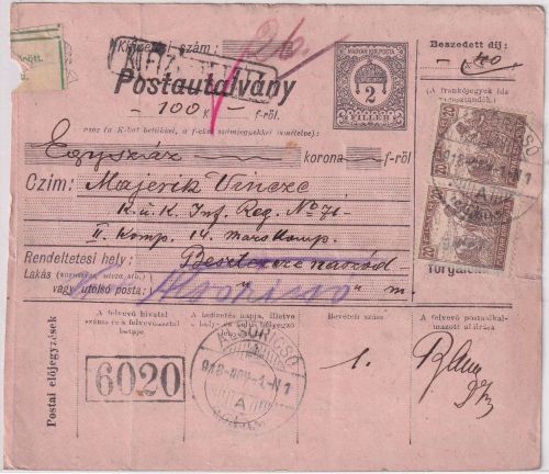 Ungarn/Slowakei - 2 F. Ganzsache + Zusatz Postanweisung Alsoricso 1918