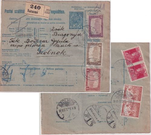 Ungarn/Slowakei - 10 F. Ganzsache + Zusatz Paketkarte Varanno - Szolnok 1918