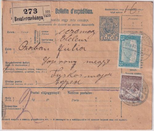 Ungarn/Slowakei - 10 F. Ganzsache + Zusatz Paketkarte Beszterczebanja 1918