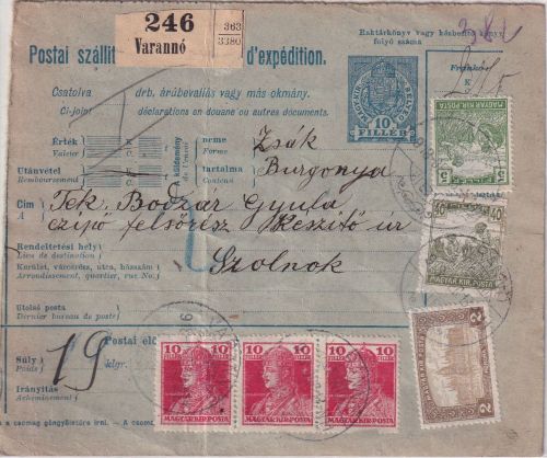 Ungarn/Slowakei - 10 F. Ganzsache + Zusatz Paketkarte Varabbo - Szolnok 1918