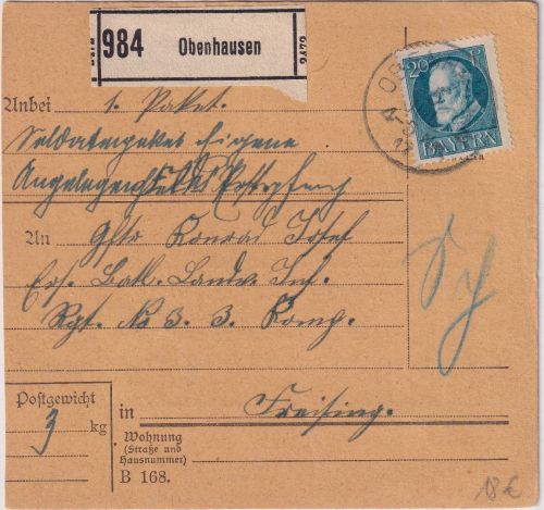 Bayern - 20 Pfg Ludwig Soldatenpaketkarte/Sondertarif Oberhausen - Freising 1917