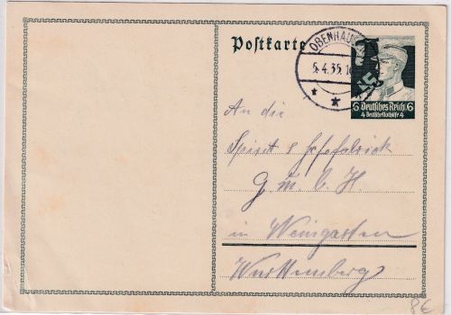 DR - 6 Pfg. Nothilfe Ganzsache Obenhausen - Weingarten 1935