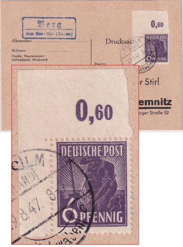 All.Bes. - 6 Pfg. Arbeiter Platte/ndgz Bogenecke Drucksache Berg ü. Neu-Ulm 1947