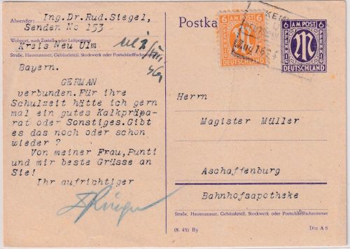 AM-Post - 6 Pfg. Ganzsache + Zusatz Bahnpost-Ra4 Kempten Ulm Zug 1694 28.7.46
