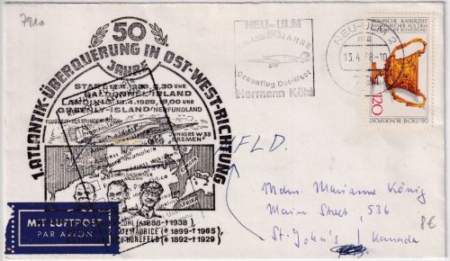 BRD - Neu-Ulm 1978 Luftpostbrief n. KANADA Sondercachet 50 J. Altlantikflug