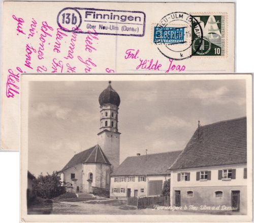 Bayern - Finningen b. Neu-Ulm Kirche Straßenansicht sw-Foto-AK Landpost-Ra2 1953
