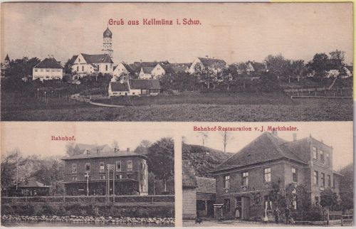 Bayern - Kellmünz Bahnhof Restaurant etc. sw-Mehrbild-AK gelaufen Bahnpost 1912