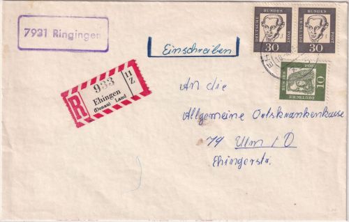 BRD - 7931 Ringingen Poststelle I Ra1 Einschreibebrief Ehingen Land - Ulm 1963