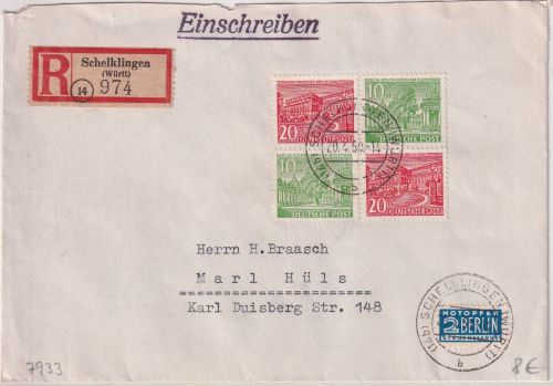 Berlin - 2x10+2x20 Pfg. Bauten Einschreibebrief Schelklingen - Marl Hüls 1950
