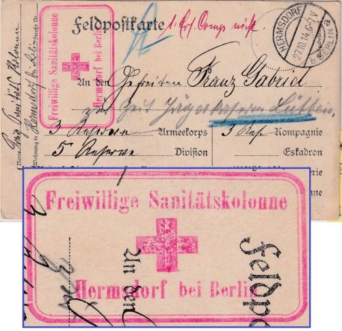 DR - Freiwillige Sanitätskolonne Hermsdorf b. Berlin Feldpostkarte ins Feld 1914