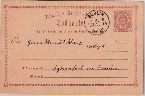 DR - Berlin P.A.8 16/4. 74 K1 1/2 Gr. Brustschild Ganzsache n. Dyhernfurt