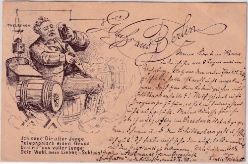 Berlin - "Gruss aus" Vorläuferlitho (Mann mit Bierfässern) gelaufen 1890