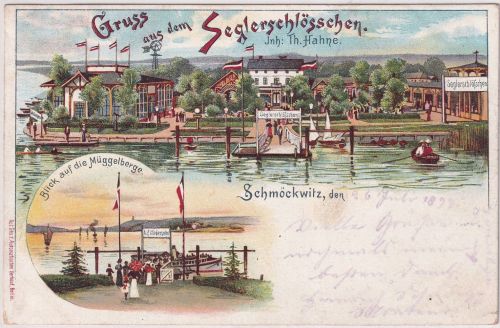 Berlin - Schmöckwitz Seglerschlösschen Mehrbild-Farblitho gelaufen 1899