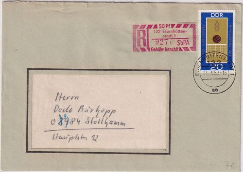 DDR - Eisenhüttenstadt SpPA + 20 Pfg. Volleyball-WM Einschreibebrief 1969