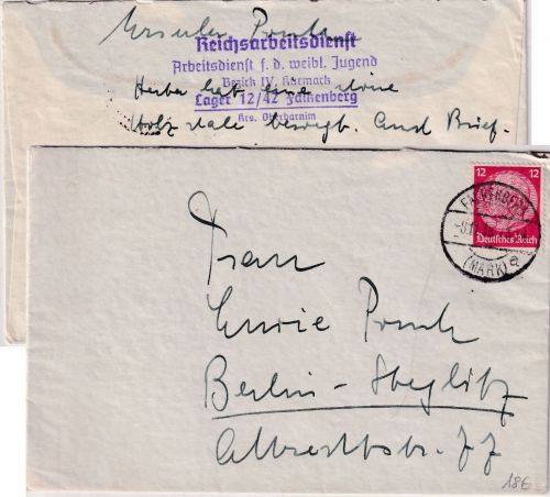 DR - Falkenberg (Mark) 1938 Reichsarbeitsdienst (weiblich) Brief n. Berlin