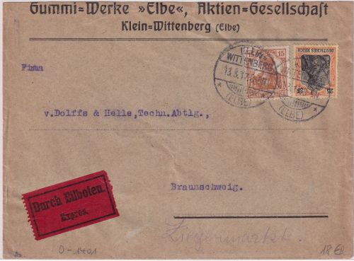 DR - 25+15 Pfg. Germania Eilbrief Klein-Wittenberge (Elbe) n. Braunschweig 1917