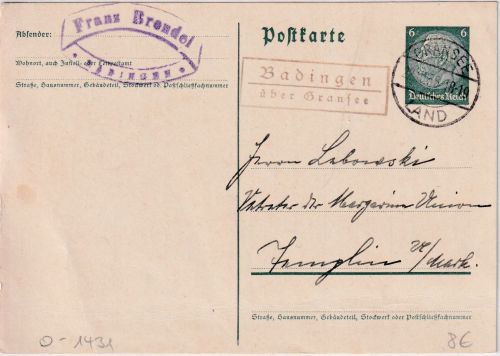 DR - Badingen ü. Gransee Landpost-Ra2 Ganzsache n. Templin 1935