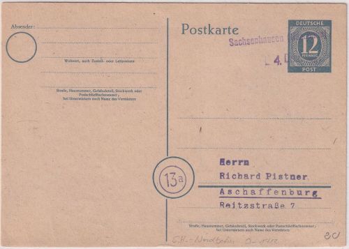 All.Bes. - Sachsenhausen (Nordbahn) 4. Dez. 1946 Notstempel 12 Pfg. Ganzsache