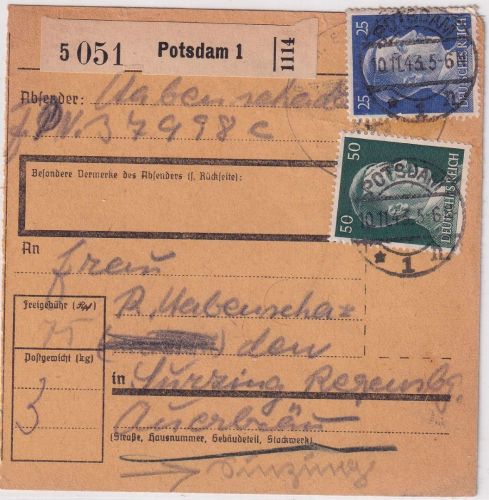 DR - Potsdam 10.11.43 Paketkarte (Fp.Nr. 37998C) n. Sinzig