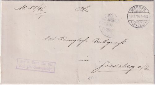 DR - Werder (Havel) 1896 Frei lt. Avers No.21 Amtsgericht Brief n. Friedeberg