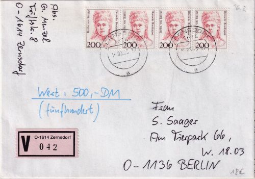 BRD - 200 Pfg. Frauen 4er-Streifen Wertbrief Zernsdorf - Berlin 1993