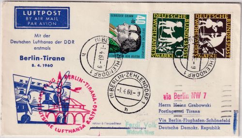 BRD - Lufthansa/DDR Zuleitungspost Erstflug Berlin Tirana Schmuckkuvert 1.4.60
