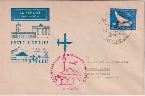 DDR - Lufthansa/DDR Erstflug Berlin Tirana Schmuckkuvert 5.4.60