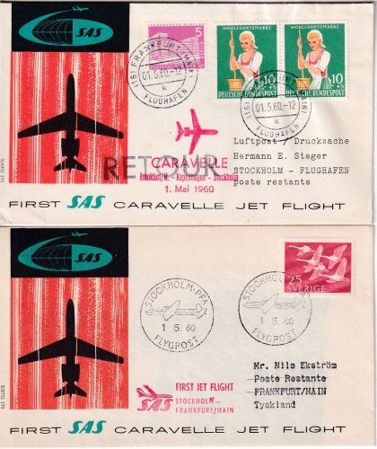 Schweden - SAS Caravelle Erstflug Stockholm Frankfurt a/M. 1.5.60 Hin-/Rückflug