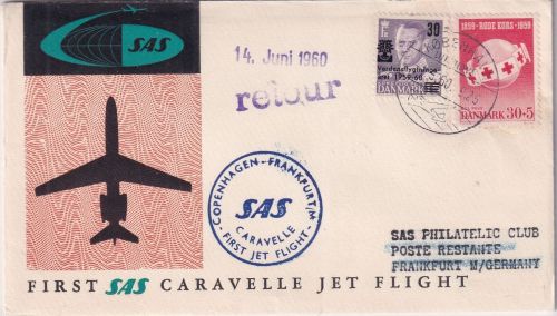 Dänemark - SAS Caravelle Erstflug Kopenhagen Frankfurt a/M. 1.5.60 Schmuckkuvert