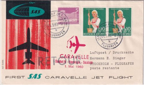 BRD - SAS Caravelle Erstflug Frankfurt a/M. Stockholm 1.5.60 Schmuckkuvert