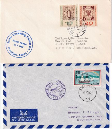 Griechenland/BRD - Olympic Airways Comet 4B Erstflug Athen FFM u. retour 1960