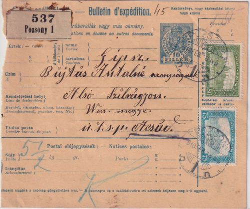 Ungarn/Slowakei - 10 F. Ganzsache + Zusatz Paketkarte Pozsony - Acsad 1918
