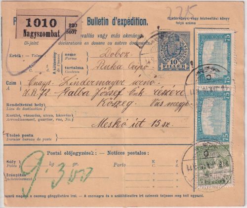 Ungarn/Slowakei - 10 F. Ganzsache + Zusatz Paketkarte Nagyszombat - Köszeg 1918